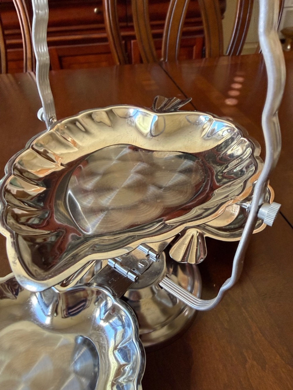 VTG MCM 3-Tiered Folding dessert snack Server Hong-Kong chrome color LEAF tray - Picture 4 of 9